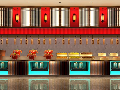 Chinese Style Food Display Counter With Red Lanterns And Traditional Decor Elements 3d model
