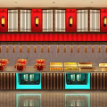 Chinese Style Food Display Counter With Red Lanterns And Traditional Decor Elements