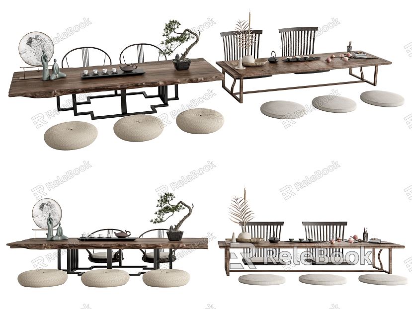 New Chinese Tea Table and Chair Tatami Tea Table and Chair Combination Tea Table Futon Cushion Tea Set Pine Potted Plant model