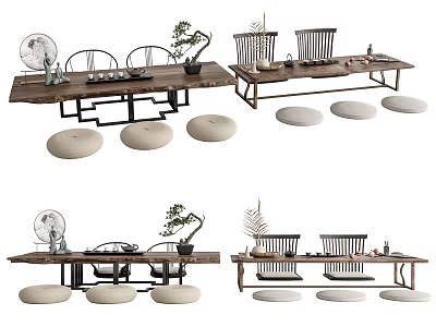 New Chinese Tea Table and Chair Tatami Tea Table and Chair Combination Tea Table Futon Cushion Tea Set Pine Potted Plant 3d model