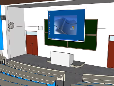 Modern School Classroom With Projection Screen Blackboard Lectern And Seats 3d model