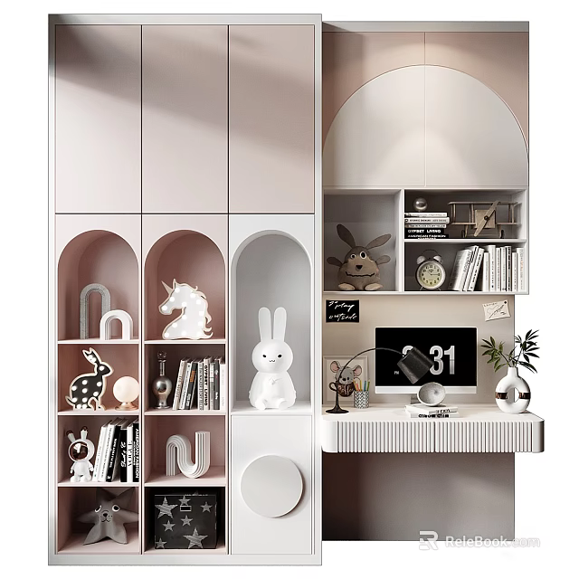 Modern Bookcase Interior Design With Arched Shelves Decorative Figurines And Books 3d model 