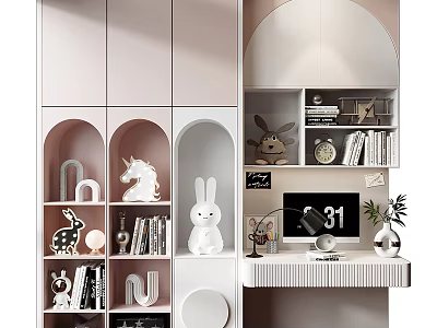 Modern Bookcase Interior Design With Arched Shelves Decorative Figurines And Books 3d model