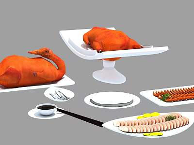 Tasty Roast Chicken Roast Duck And Sausages With Sauce Plates And Chopsticks 3d model