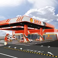 Modern Orange And White Gas Station With Circular G Logo Fuel Dispensers And White Cars