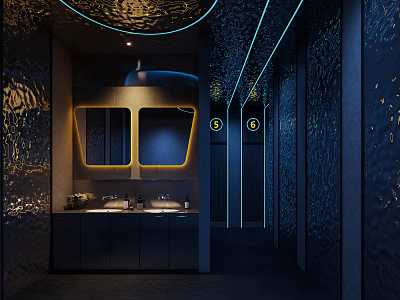 Modern Public Restroom With Blue Lighting Yellow Trimmed Mirrors Textured Walls Washbasins And Storage Cabinets 3d model