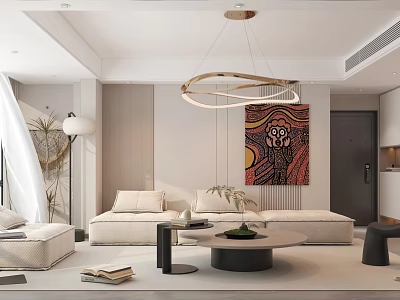 Modern Living and Dining Room Interior With Beige Sofa Coffee Table Chandelier And Decorative Painting 3d model