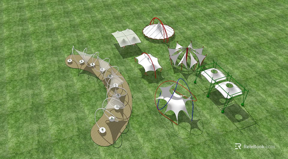 Outdoor Tensile Membrane Playground Structures With Various Shapes On Green Lawn 3d model 