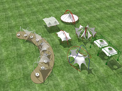 Outdoor Tensile Membrane Playground Structures With Various Shapes On Green Lawn 3d model