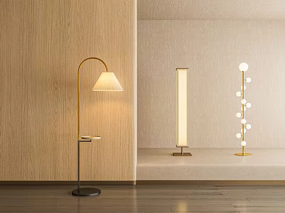 Modern Floor Lamp Designs With Curved Arm Column And Spherical Lights In Minimalist Interior 3d model