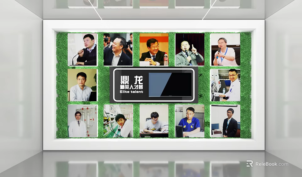 Exhibition Hall Culture Wall with Multiple Person Photos and Central Brand Logo 3d model 
