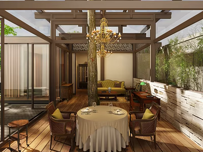 Luxurious Villa Balcony with Glass Roof Large Tree Round Table Sofa Chandelier on Wooden Floor 3d model