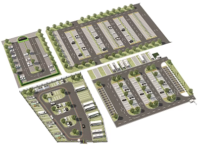 Well Designed Large Public Parking Lot Road Facility Layout With Green Belts And Vehicle Spaces 3d model