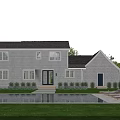 White Single Family House With Gray Roof Green Lawn And Porch Trees
