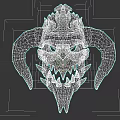 Demon Head Sculpture with Horns Sharp Teeth and Glowing Red Lava Accents