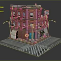 Detailed Red Brick Building Scene Featuring Street Corner Shop Sign Street Lamps Sidewalk Zebra Crossing