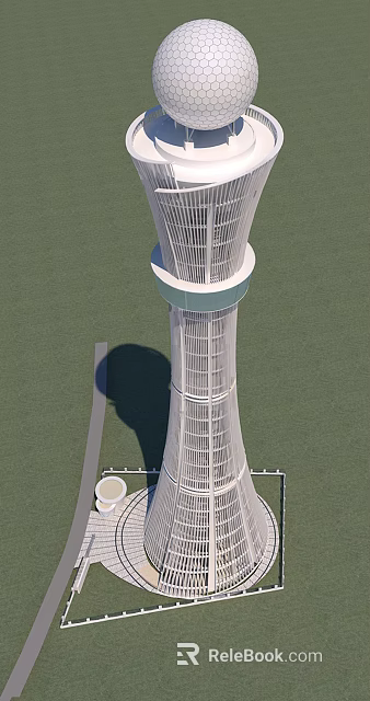 Modern Architectural Tower With Grid Structure And White Circular Platform In Green Landscape 3d model 