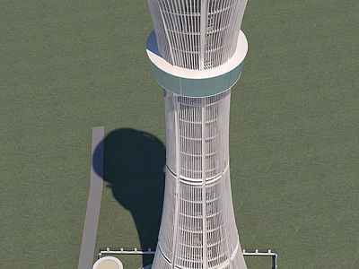 Modern Architectural Tower With Grid Structure And White Circular Platform In Green Landscape 3d model