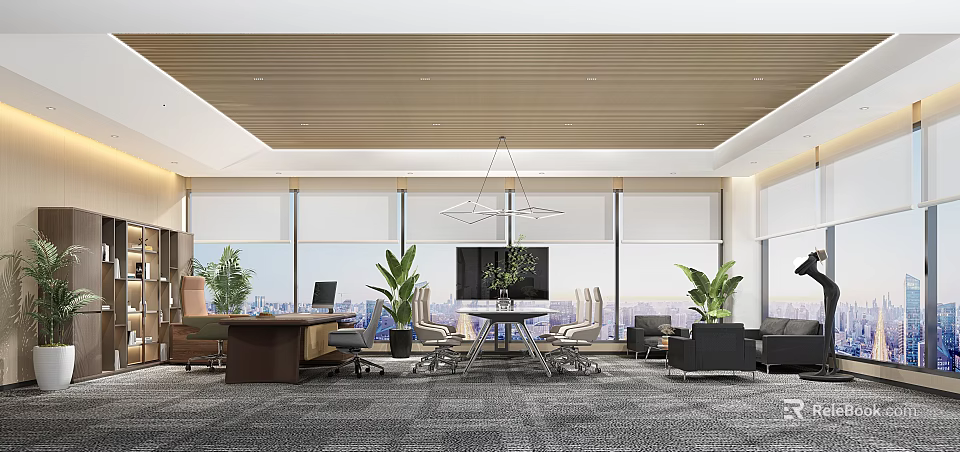 Modern Office Interior Featuring Open Layout Large Windows Desk Conference Table Green Plants Pendant Lights 3d model