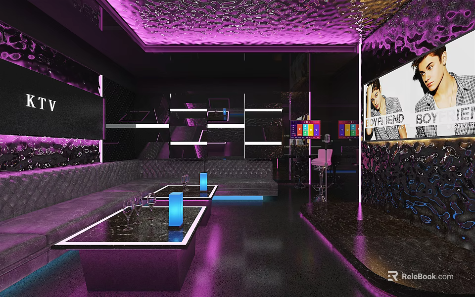 Modern KTV Interior With Purple Lighting Sofa Tables And TV Screens 3d model 
