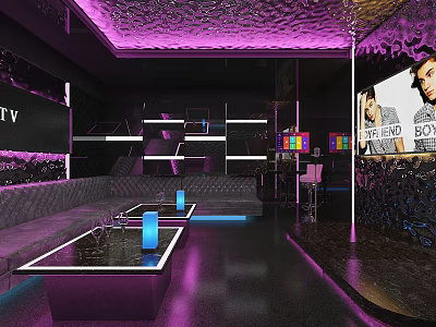 Modern KTV Interior With Purple Lighting Sofa Tables And TV Screens 3d model