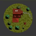 Modern Scene Featuring Red Roofed White House Small Red Cottage Pine Trees Grass And Path
