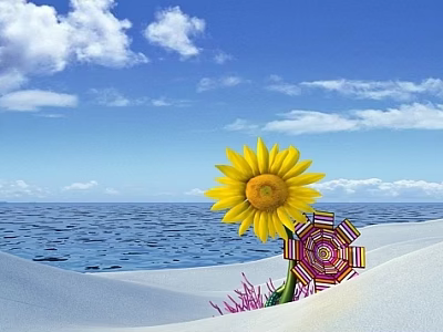 Scenic View with Blue Sky White Clouds Ocean Sandy Beach Yellow Sunflower and Colorful Umbrella 3d model