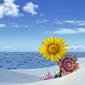 Scenic View with Blue Sky White Clouds Ocean Sandy Beach Yellow Sunflower and Colorful Umbrella