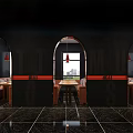 Stylish Bar Interior With Chinese Character Decor Green Neon Lights And Circular Chandelier