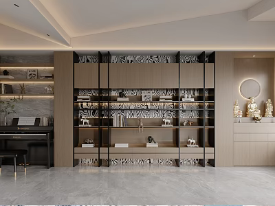 Modern Interior Design With Glass Door Display Cabinets Shelves Golden Statues And Piano 3d model