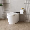 Modern White Toilet in Bathroom with Wooden Floor Light Tile Wall and Golden Hardware
