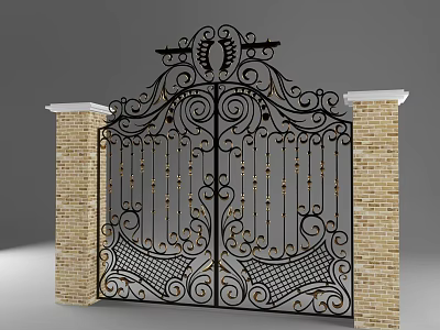 Wrought Iron Gate With Intricate Scroll Design And Brick Support Pillars 3d model