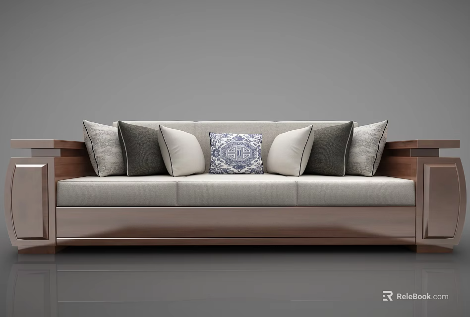 Modern Multi Seat Sofa With Neutral And Patterned Cushions Wooden Frame Design 3d model