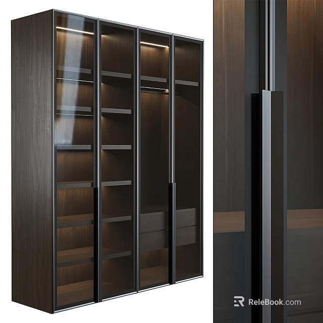 Modern Wardrobe Design With Glass Doors Wooden Panels Interior Shelves And LED Lighting 3d model 