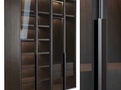 Modern Wardrobe Design With Glass Doors Wooden Panels Interior Shelves And LED Lighting 3d model
