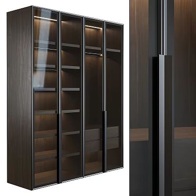 Modern Wardrobe Design With Glass Doors Wooden Panels Interior Shelves And LED Lighting 3d model