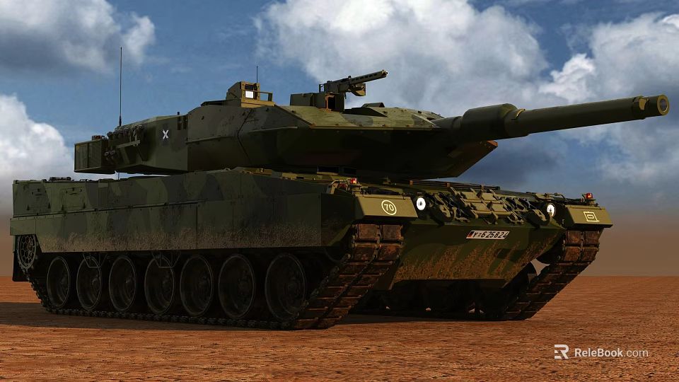 Modern Green Camouflage Tank With Cannon Tracks On Brown Soil Under Blue Sky And Clouds 3d model 