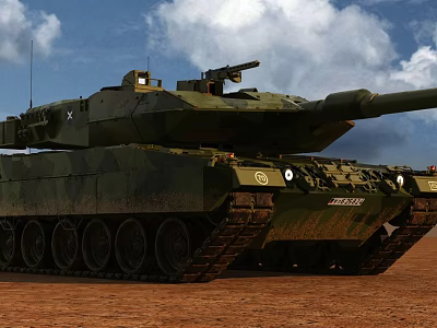Modern Green Camouflage Tank With Cannon Tracks On Brown Soil Under Blue Sky And Clouds 3d model