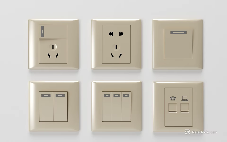 Six Beige Wall Switch Panels Featuring Socket Switch And Network Interface Design 3d model 