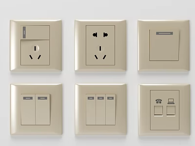 Six Beige Wall Switch Panels Featuring Socket Switch And Network Interface Design 3d model