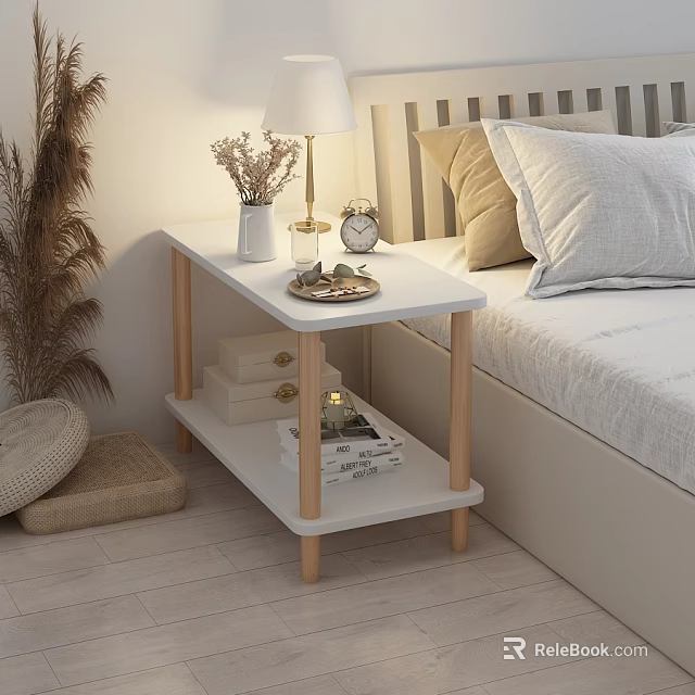 Minimalist Bedside Side Table with White Tabletop Wooden Legs Two Tier Design 3d model 