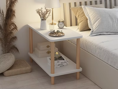Minimalist Bedside Side Table with White Tabletop Wooden Legs Two Tier Design 3d model