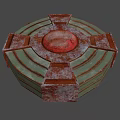 Rusted Metal Mechanical Structure With Circular Green Rings And Red Dome Top