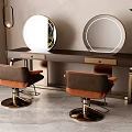 Modern Barber Shop Interior With Wooden Vanity Round Mirrors Brass Base Chairs And Green Plant