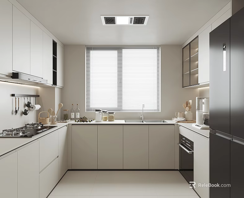 Modern Minimalist Kitchen Interior With White Dark Gray Cabinets Countertop Cooking Utensils And Window Blinds 3d model 