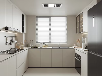 Modern Minimalist Kitchen Interior With White Dark Gray Cabinets Countertop Cooking Utensils And Window Blinds 3d model