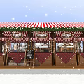 Festive Winter Tobacco Liquor Store in Snowy Scene with Pine Trees Snowman and Striped Roof