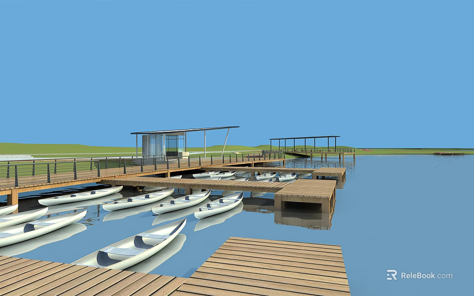 Scenic Dock View With Wooden Boardwalk Small Boats Open Water Blue Sky And Green Grass 3d model 