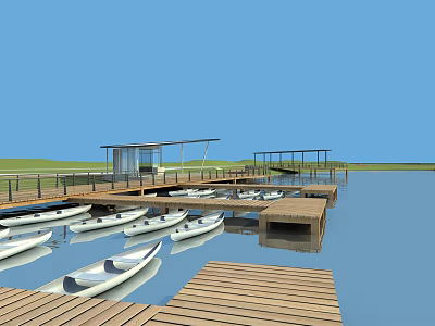 Scenic Dock View With Wooden Boardwalk Small Boats Open Water Blue Sky And Green Grass 3d model