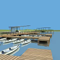 Scenic Dock View With Wooden Boardwalk Small Boats Open Water Blue Sky And Green Grass